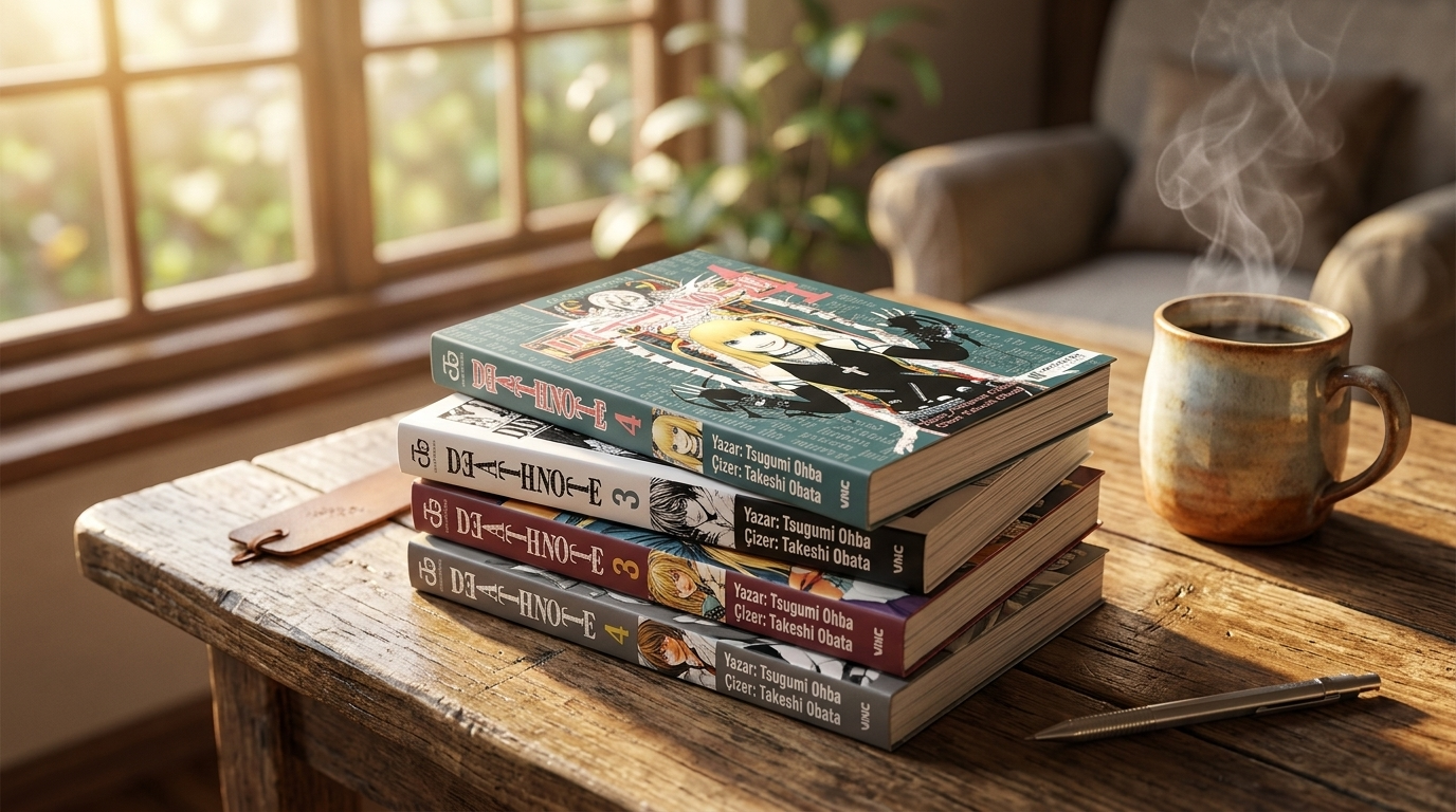 Ahşap bir masa üzerinde duran siyah beyaz çizgi roman sayfaları ve yanında bir fincan kahve