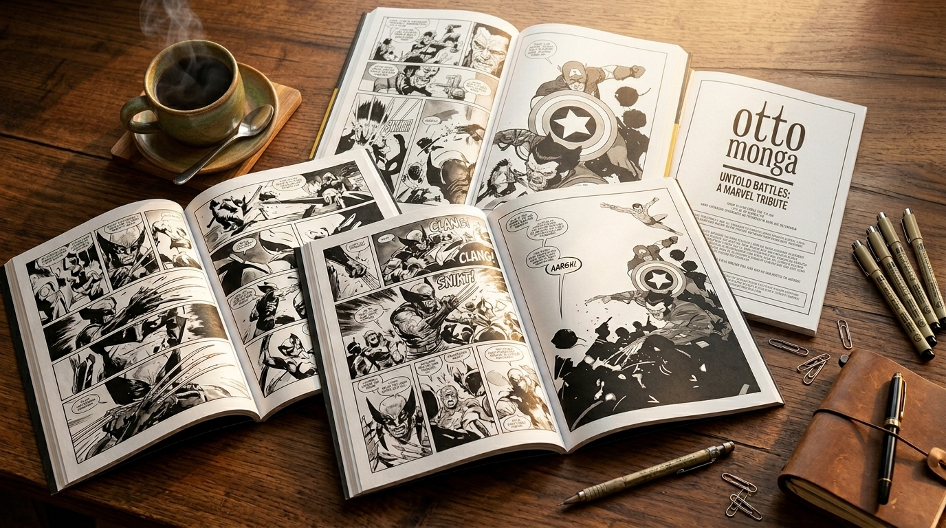 Ahşap masa üzerinde duran açık bir çizgi roman ve kahve fincanı