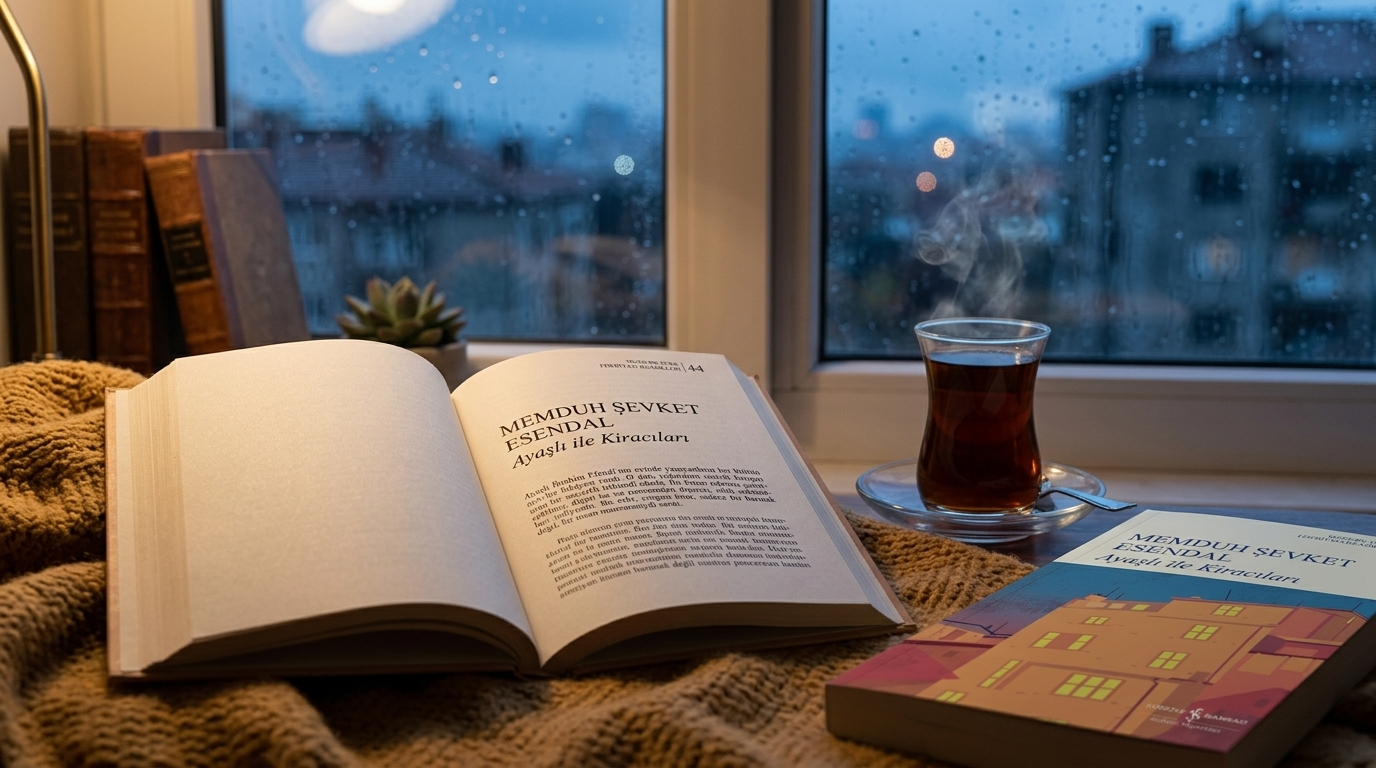 Yurt dışında yağmurlu bir günde pencere kenarında Türkçe kitap okuma keyfi ve çay