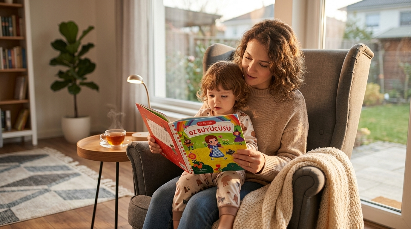 İki dilli çocuğuna kitap okuyan anne