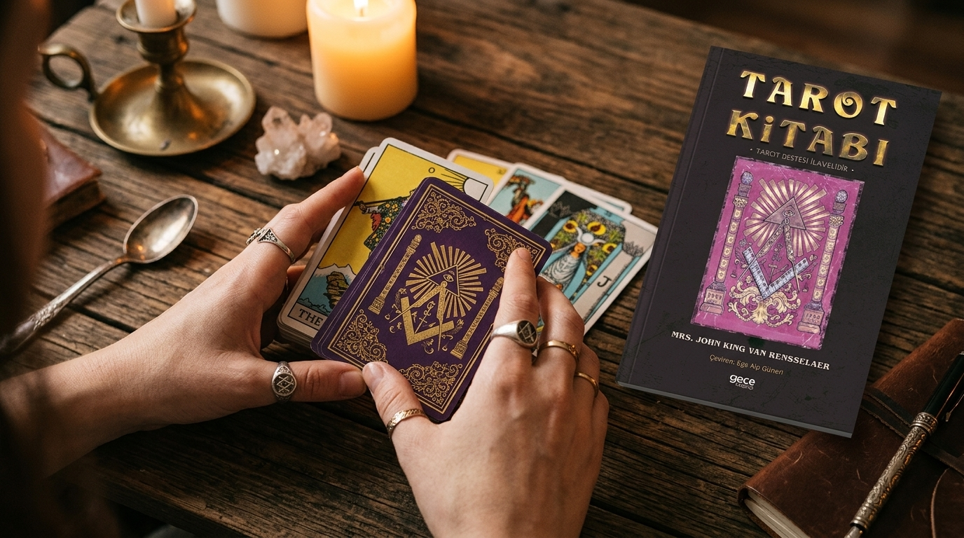 Ahşap masa üzerinde mum ışığında tarot kartlarını karıştıran eller
