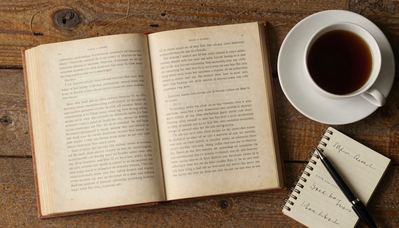 Ahşap masa üzerinde açık kitap, çay bardağı ve not defteri