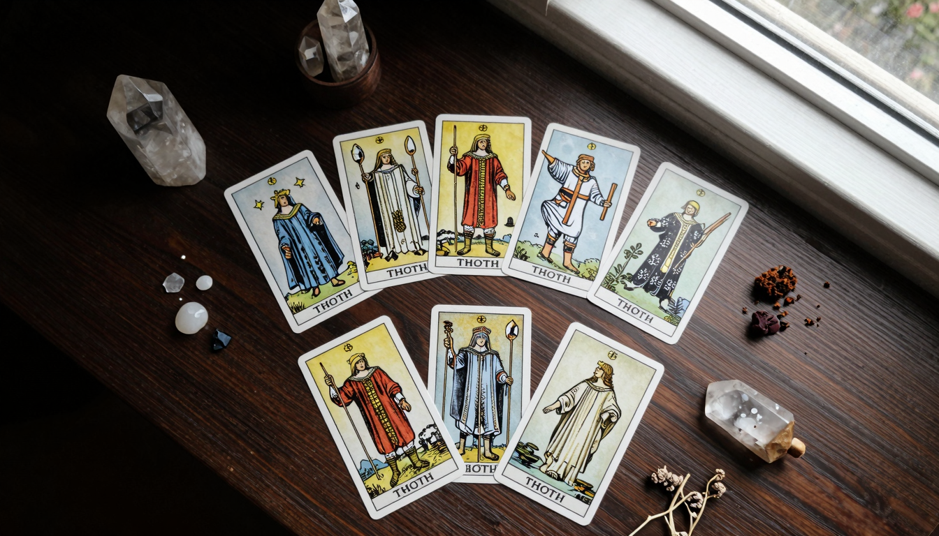 Thoth Tarot destesi düz bir yüzeyde