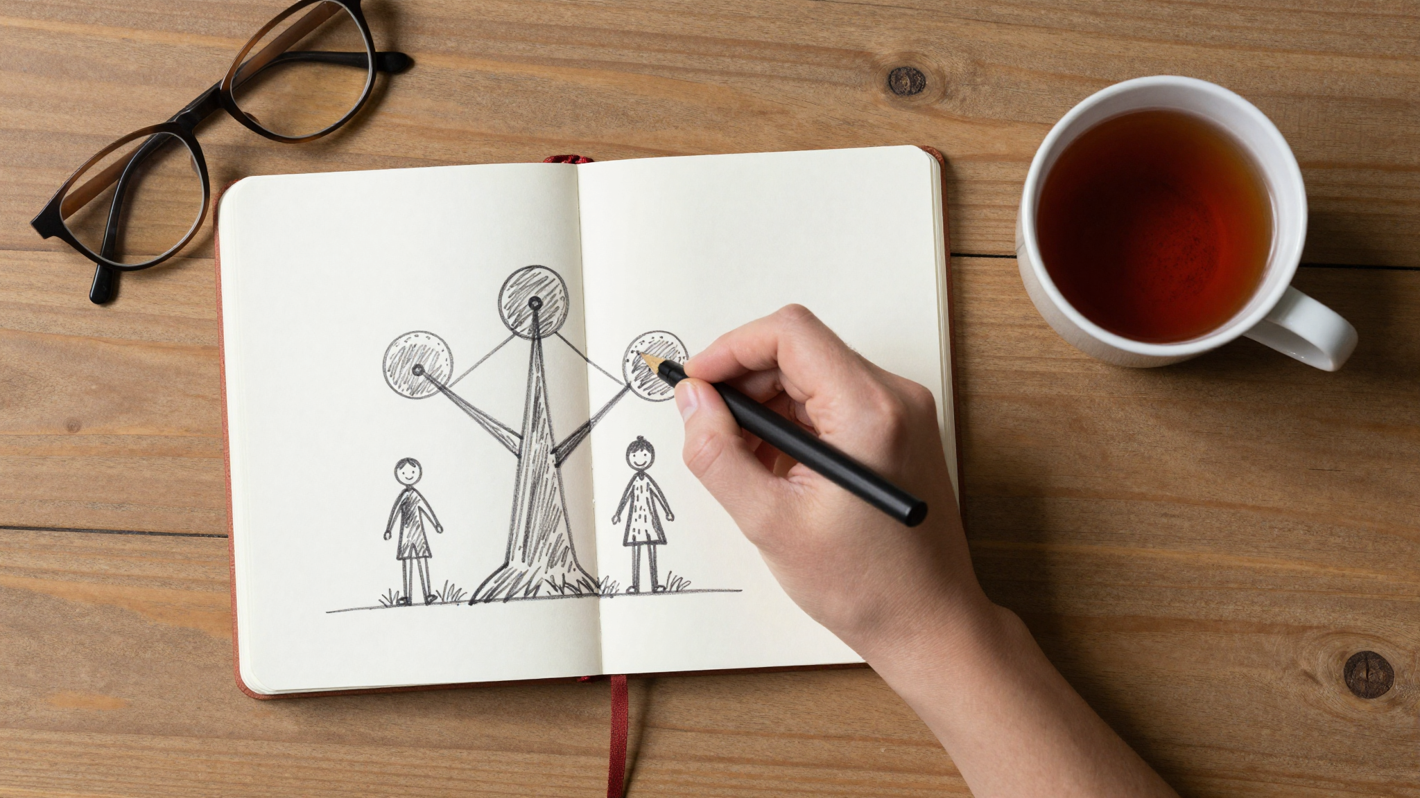 A hand-drawn family tree in a notebook on a wooden desk