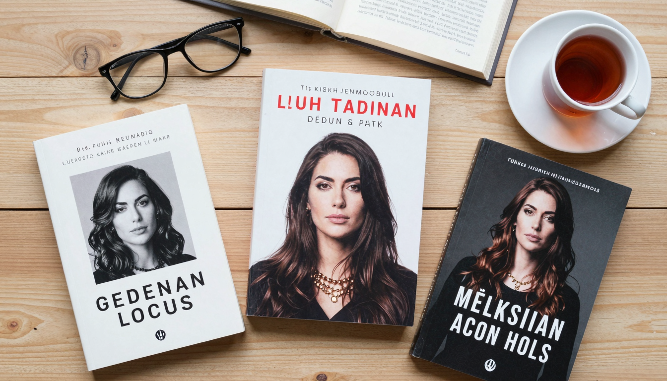 Flat lay of Turkish feminist books with tea and notebook, warm lighting
