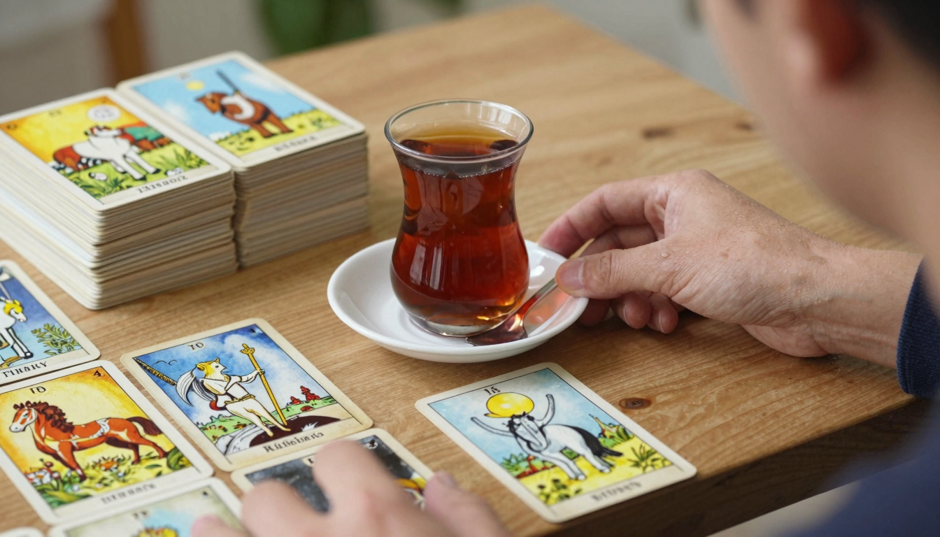 Ahşap bir masada bir fincan kahve yanında üst üste dizilmiş tarot kitapları