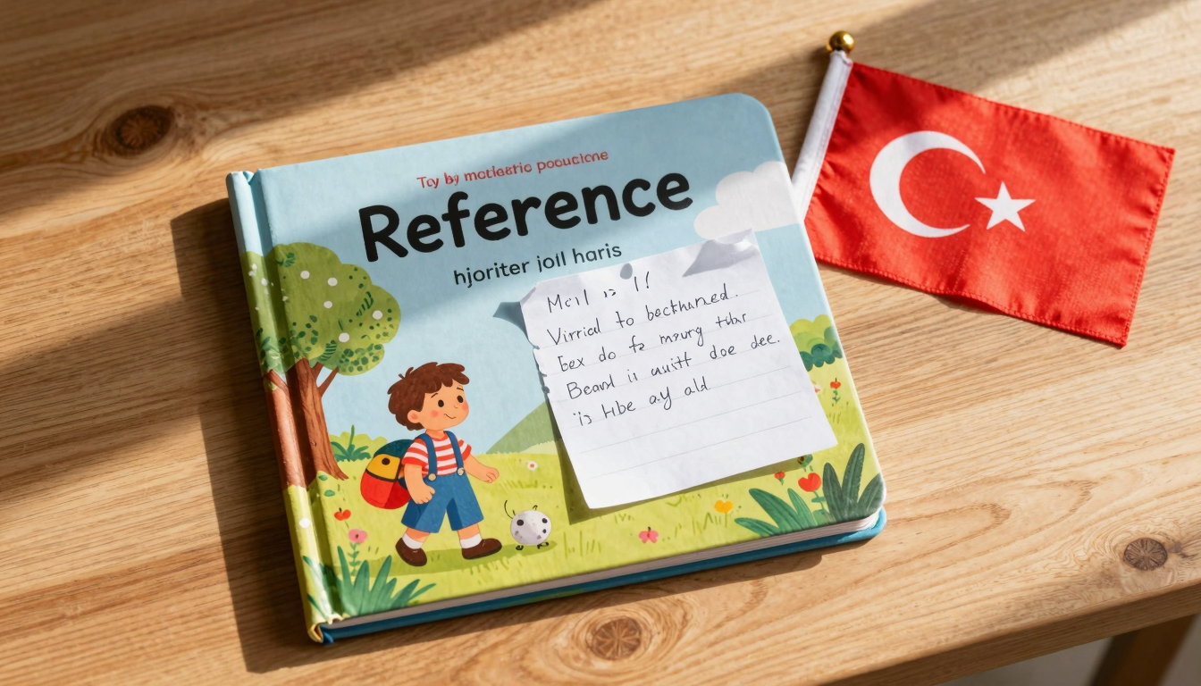 Hediye paketi yapılmış Türkçe çocuk kitabı, el yazısı not ve minik Türk bayrağı, düz zemin üstünde