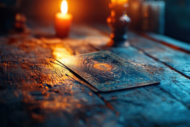 Close Up of a Tarot Card on a Rustic Table with Candlelight Creating a ...
