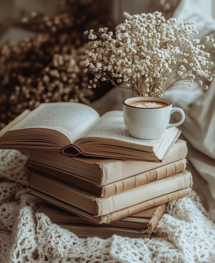 Cozy Reading Nook with Stack of Books, a Cup of Coffee, and Dried ...