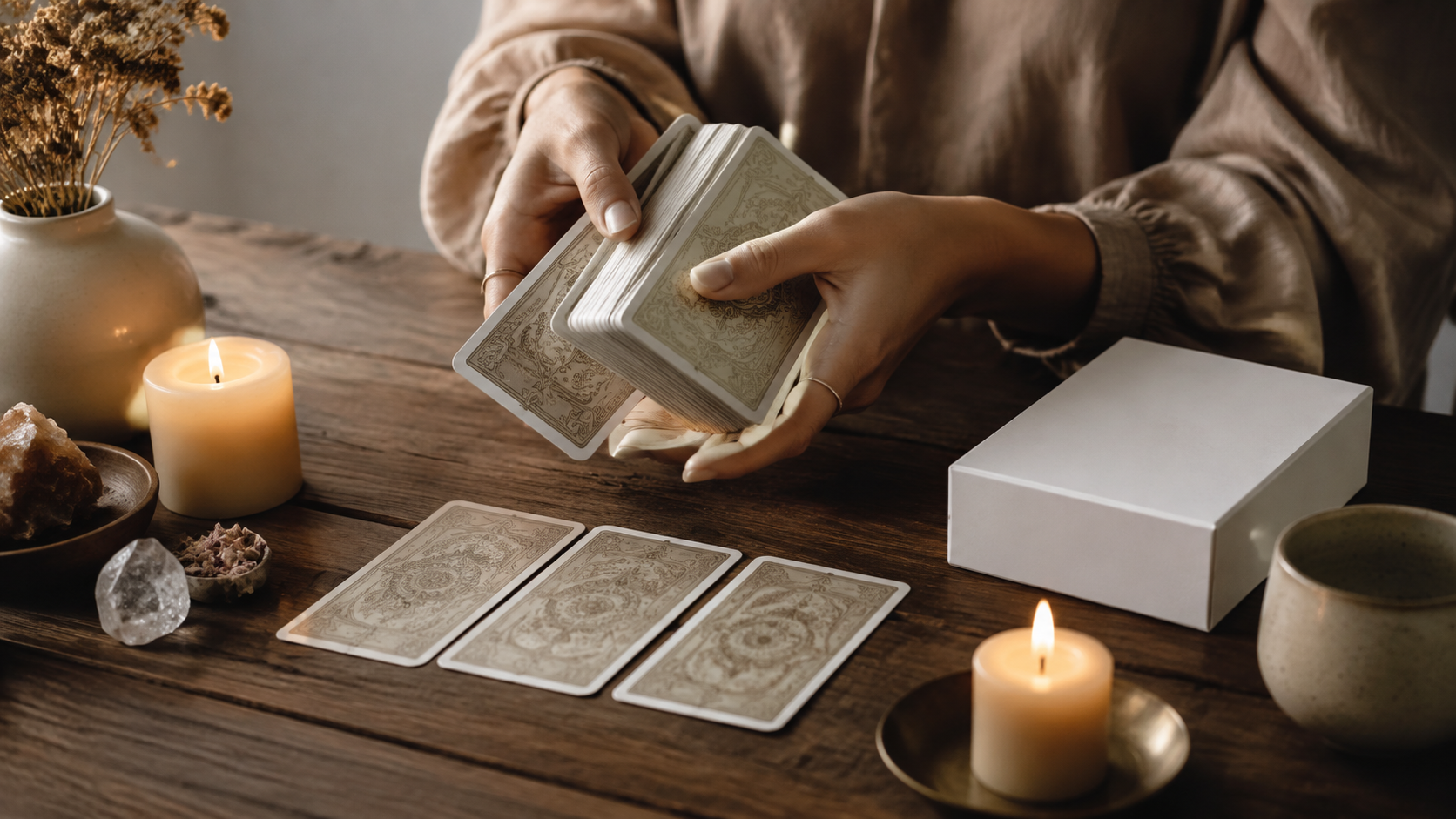 Ahşap masa üzerinde mum ışığında tarot kartlarını karıştıran eller