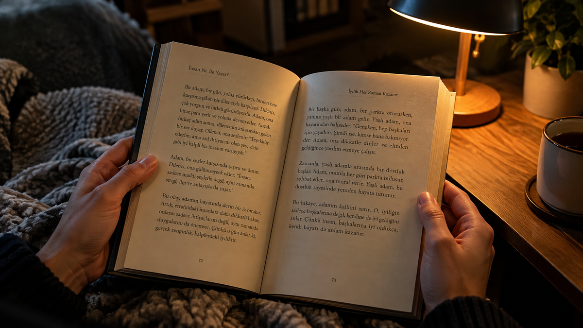 Loş ışıklı huzurlu bir odada kitap okuyan bir yetişkinin elleri