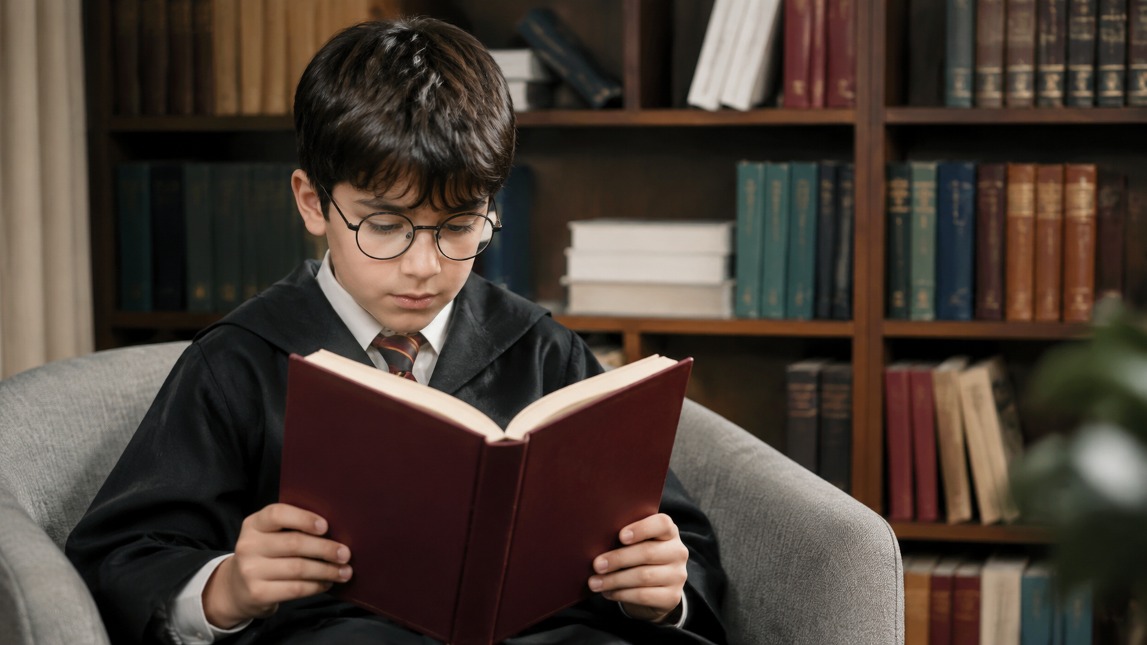 Bir çocuk Türkçe Harry Potter kitabı okuyor, elinde kitap, arka planda kitaplık