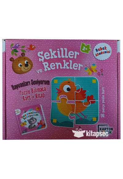 Bebek Akademisi Şekiller ve Renkler Hayvanları Seviyorum Puzzle Kart Bulmaca+kitap 2+Yaş Karton Çocuk kitap kapağı