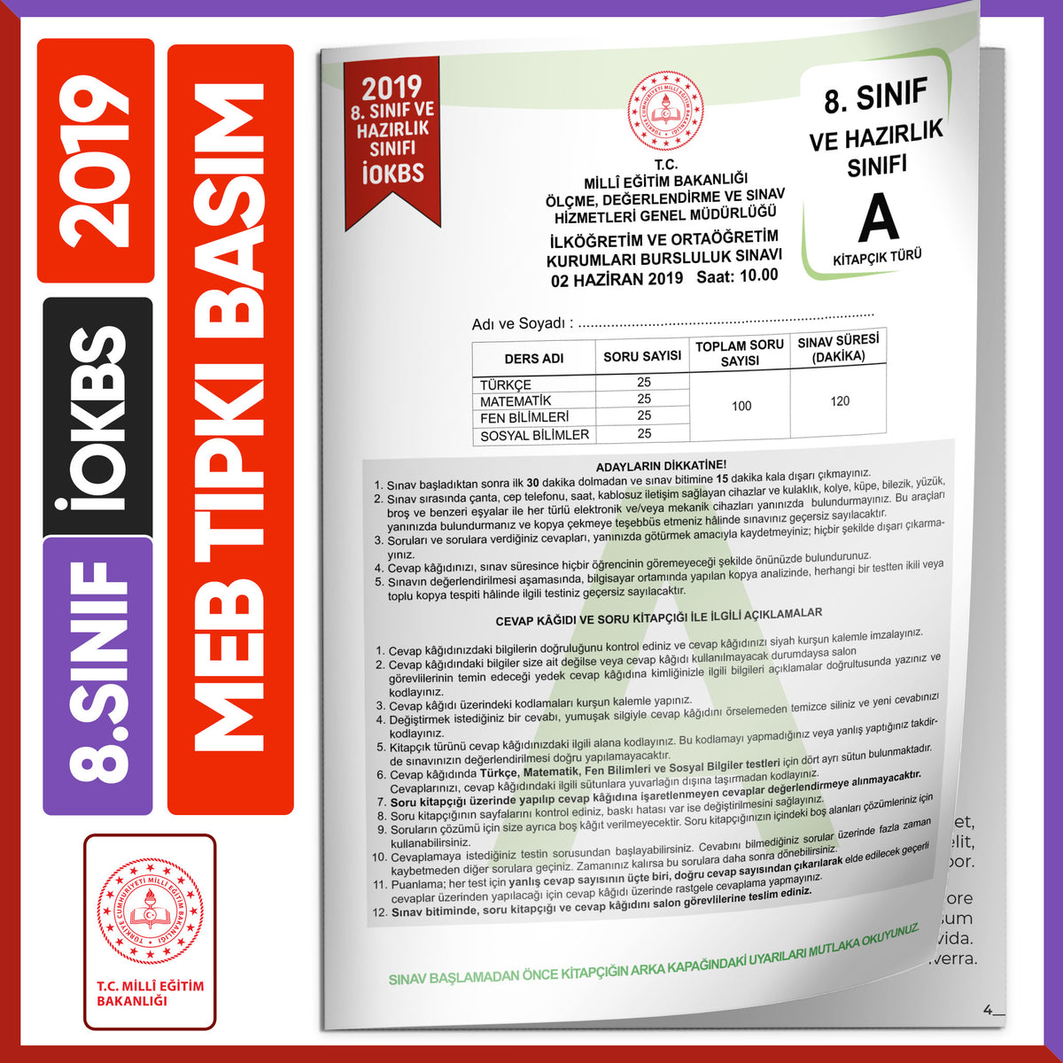 2019 8.Sınıf İOKBS BURSLULUK MEB Tıpkı Basım Çıkmış Soru Kitapçığı Video/PDF Çözümlü Türkiye Geneli kitap kapağı