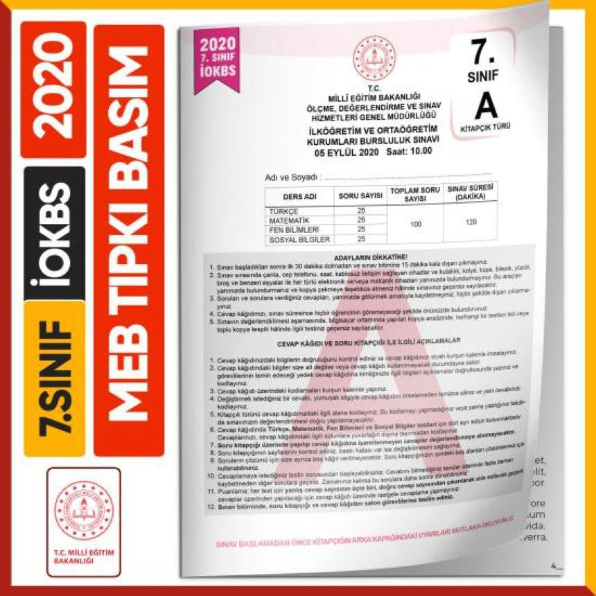 2020 7.Sınıf İOKBS BURSLULUK MEB Tıpkı Basım Çıkmış Soru Kitapçığı Video/PDF Çözümlü Türkiye Geneli kitap kapağı