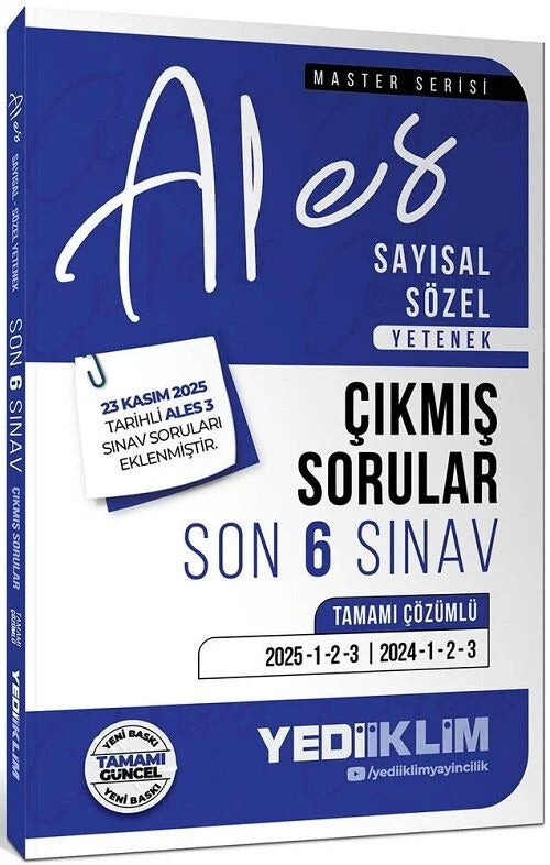 2026 ALES Sayısal Sözel Yetenek Tamamı Çözümlü Son 6 Sınav Çıkmış Sorular (23 Kasım 2025 Ales-3 Ekli) | Yediiklim Yayınları (Ciltsiz)