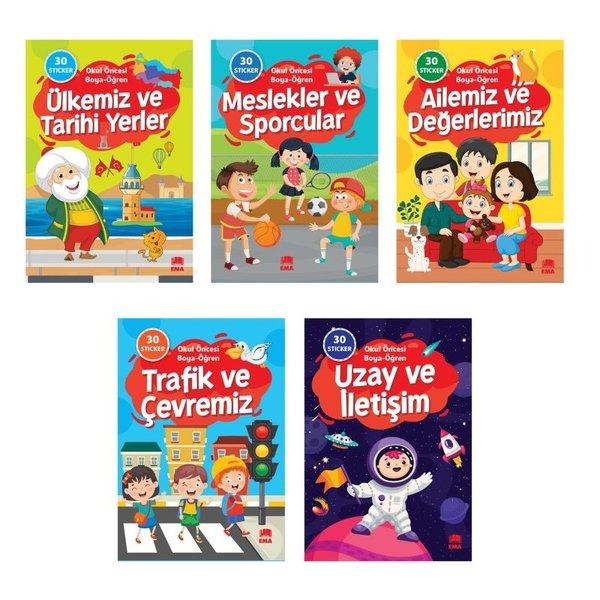 Okul Öncesi Boya Öğren Seti Çıkartmalı-5 Kitap Takım | Ema Çocuk