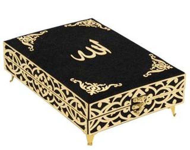 Sema Serisi Kadife Kaplamalı Ahşap Plaket Kutu + Orta Boy Arapça Kadife Kuran + Taşıma Çantası Hediye Seti Siyah (90249) | Furkan Neşriyat (Ciltli)