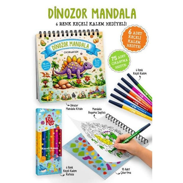 Çocuklar İçin Dinozor Mandala - 6 Renk Keçeli Kalem ve 75 Adet Çıkartma Hediye! 3+ | Bigkids Yayınları (İnce Kapak)