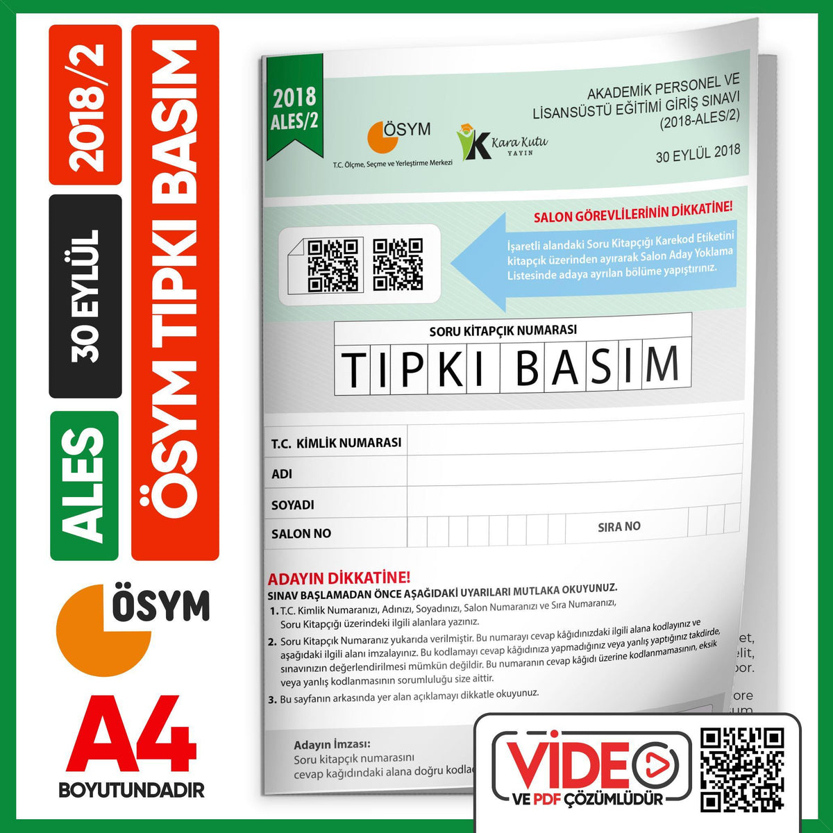 ALES 2018/2 (EYLÜL) ÖSYM Tıpkı Basım Çıkmış Soru Deneme Kitapçığı Video/PDF Çözümlü Türkiye Geneli kitap kapağı