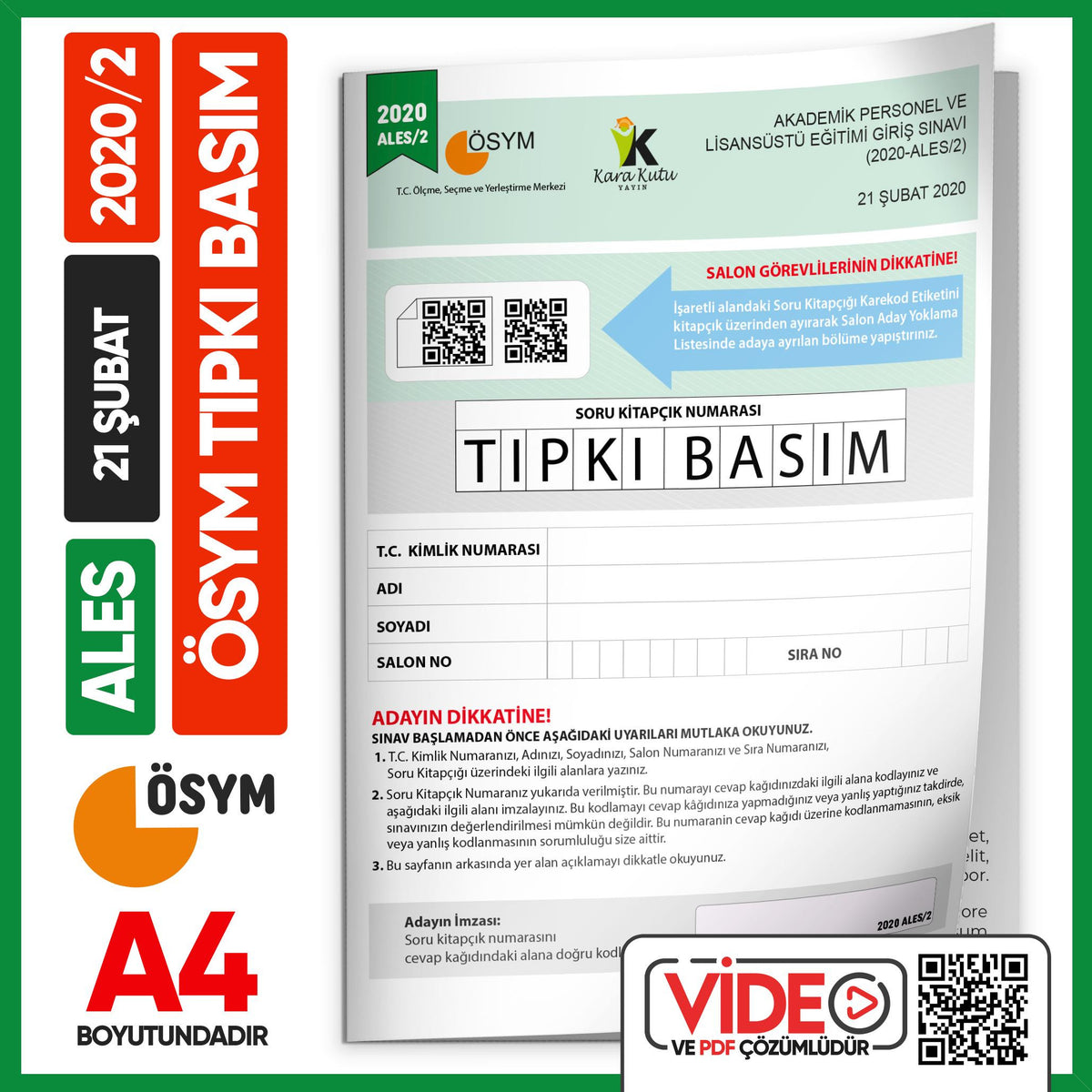 ALES 2020/2 ÖSYM Tıpkı Basım Çıkmış Soru Deneme Kitapçığı Video/PDF Çözümlü Türkiye Geneli kitap kapağı