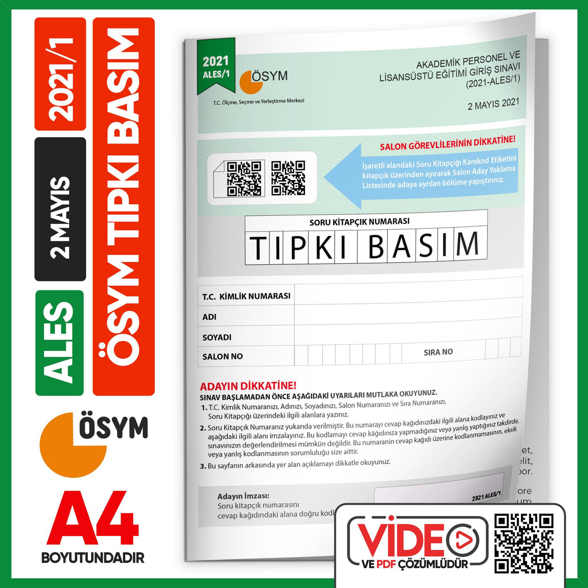 ALES 2021/1 ÖSYM Tıpkı Basım Çıkmış Soru Deneme Kitapçığı Video/PDF Çözümlü Türkiye Geneli kitap kapağı