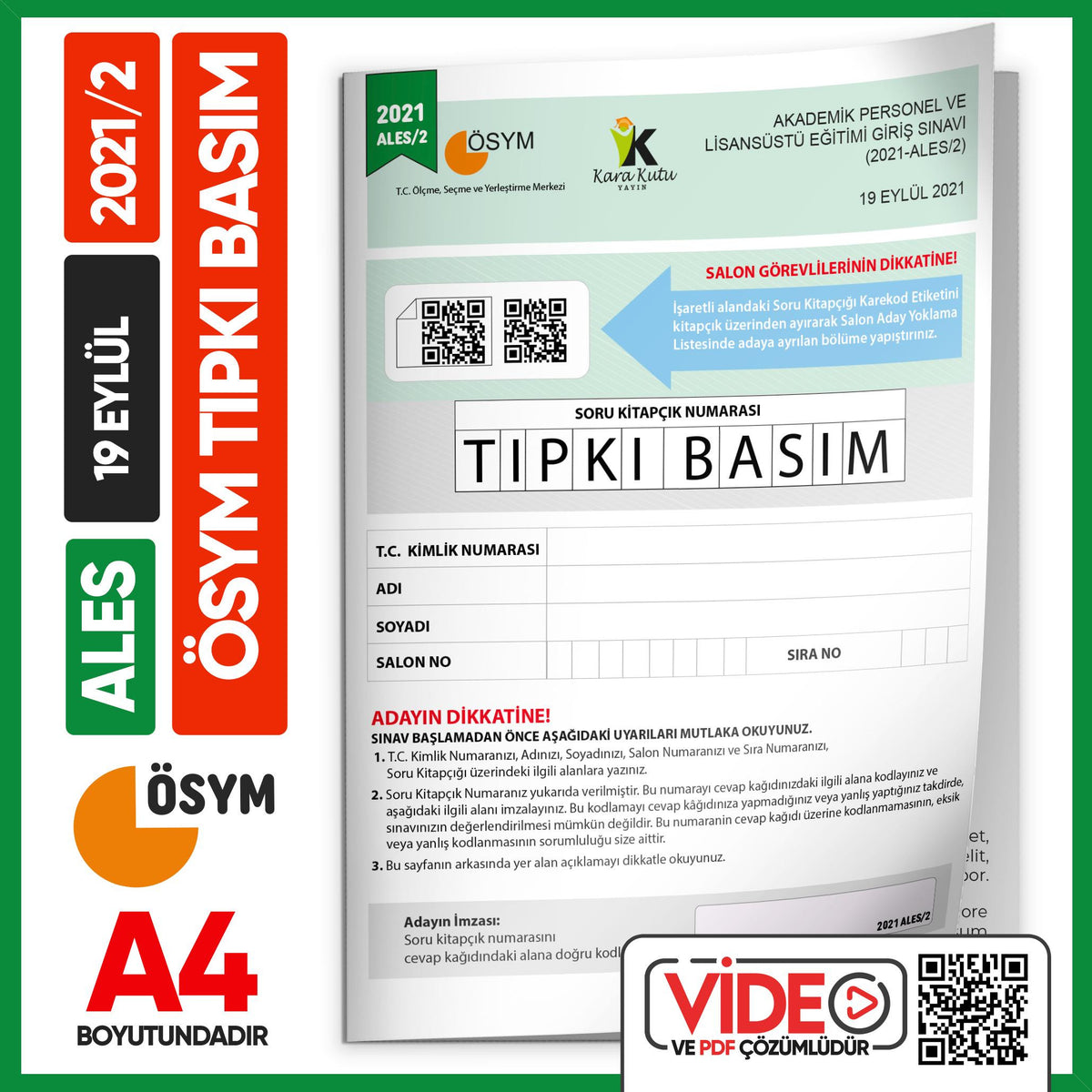ALES 2021/2 ÖSYM Tıpkı Basım Çıkmış Soru Deneme Kitapçığı Video/PDF Çözümlü Türkiye Geneli kitap kapağı