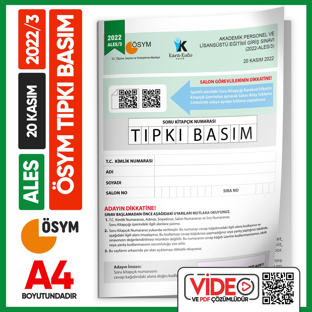 ALES 2022/3 Kasım ÖSYM Tıpkı Basım Çıkmış Soru Deneme Kitapçığı Video/PDF Çözümlü Türkiye Geneli kitap kapağı