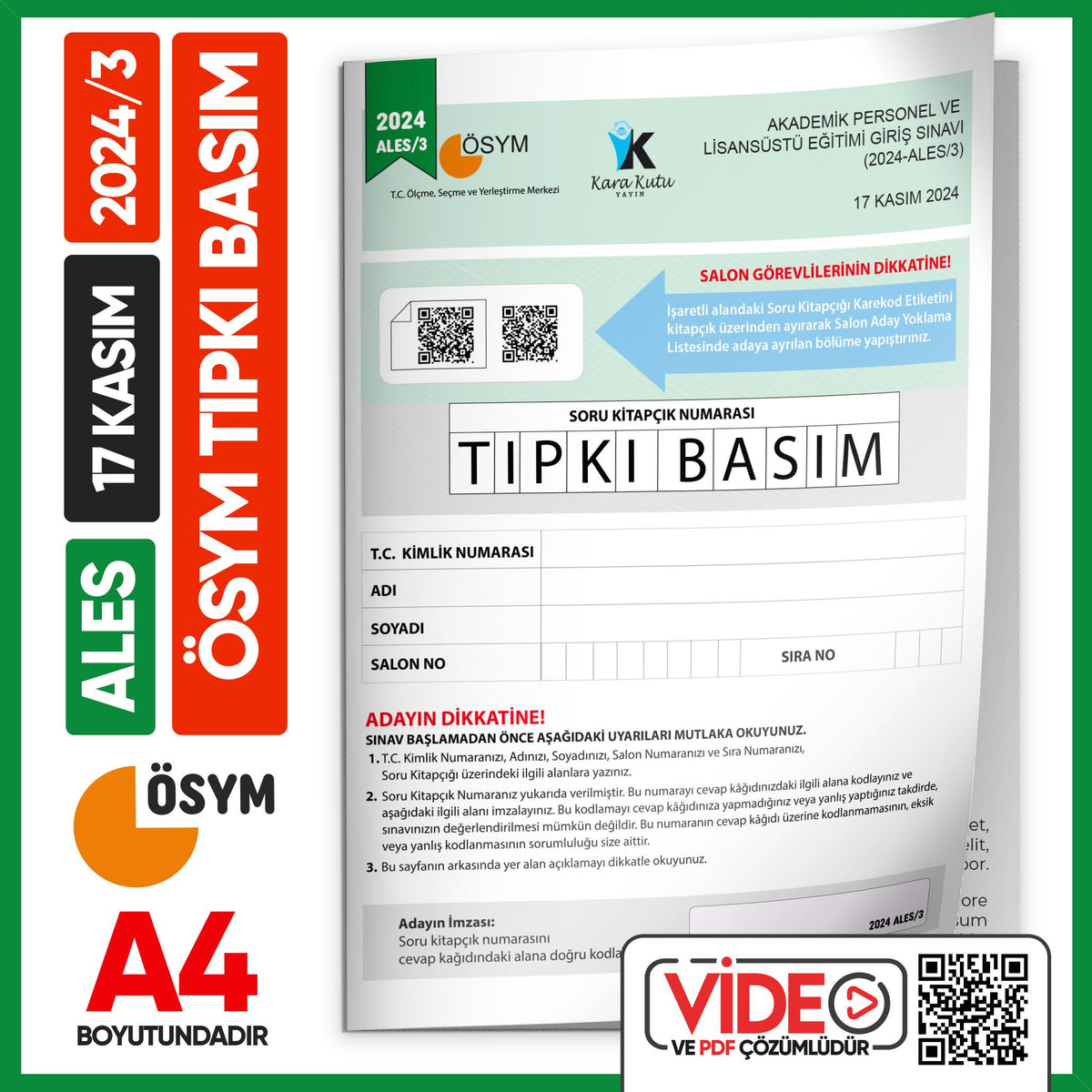 ALES 2024/3 (KASIM) ÖSYM Tıpkı Basım Çıkmış Soru Deneme Kitapçığı Video/PDF Çözümlü Türkiye Geneli kitap kapağı