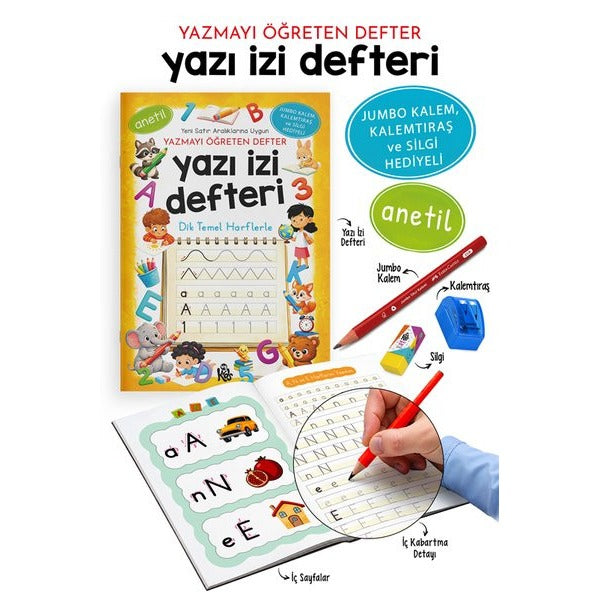 Yazı İzi Defteri - Yazmayı Öğreten Defter - Jumbo Kalem Kalemtıraş ve Silgi Hediyeli | Bigkids Yayınları (İnce Kapak)
