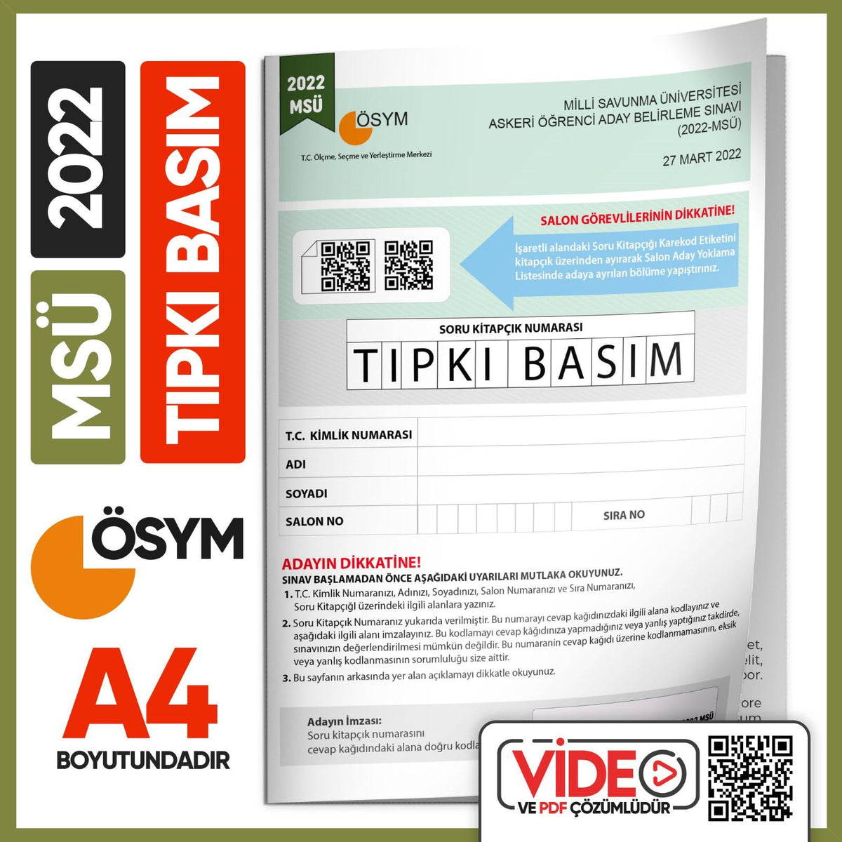 2022 MSÜ ÖSYM Tıpkı Basım Çıkmış Soru Deneme Kitapçığı (Video Çözümlü Türkiye Geneli) kitap kapağı