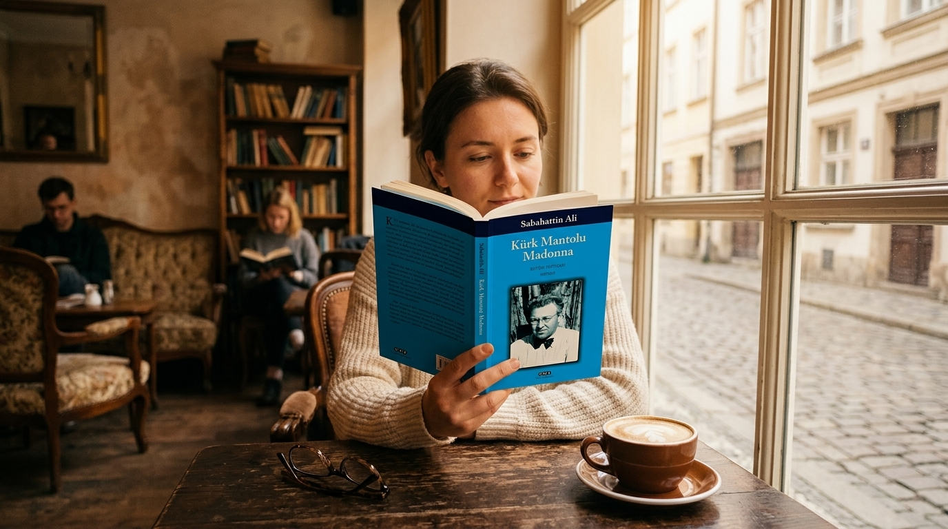 Berlin'de bir kafede kahve eşliğinde kitap okuma keyfi