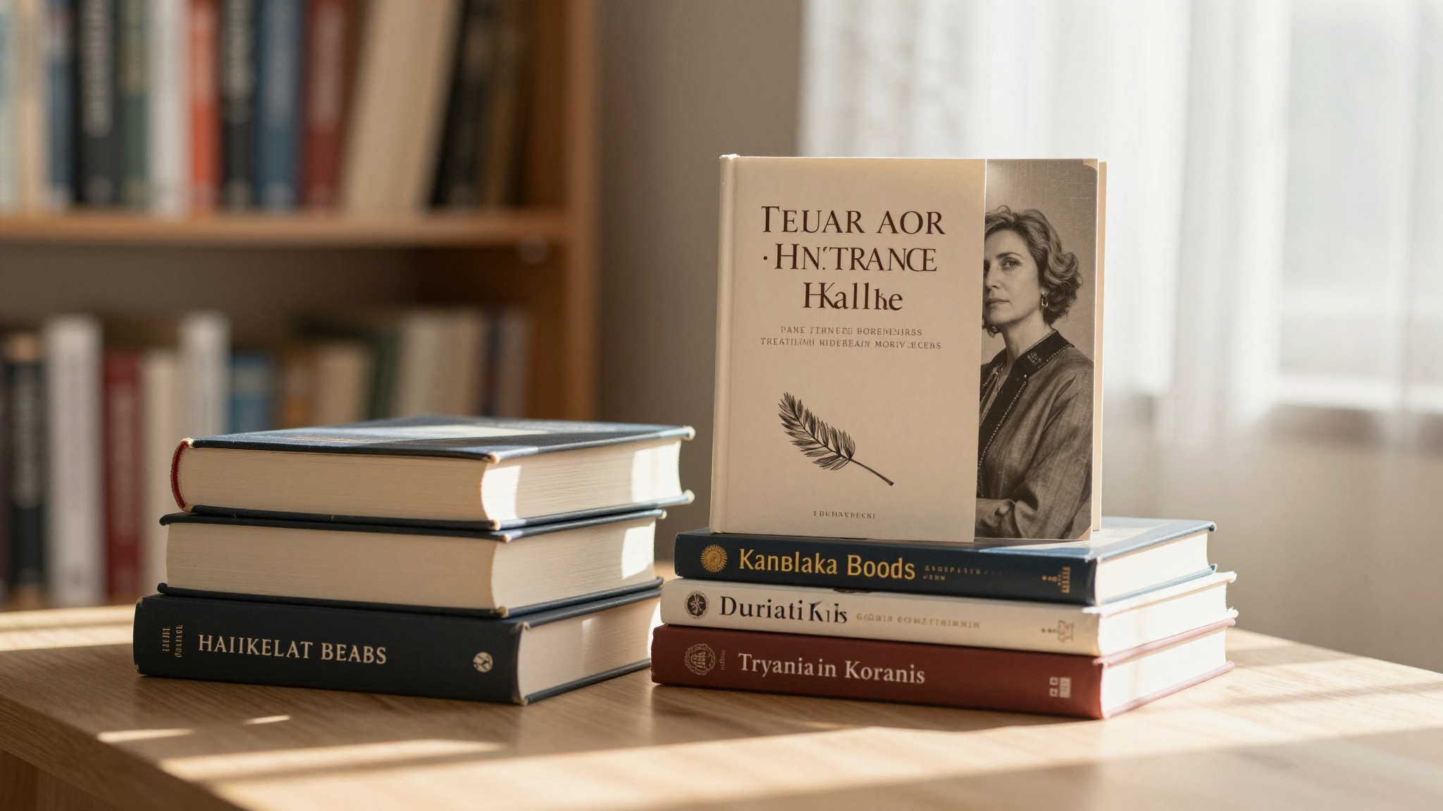 Evin sıcak kütüphanesinde üst üste dizilmiş kadın yazarların kitapları