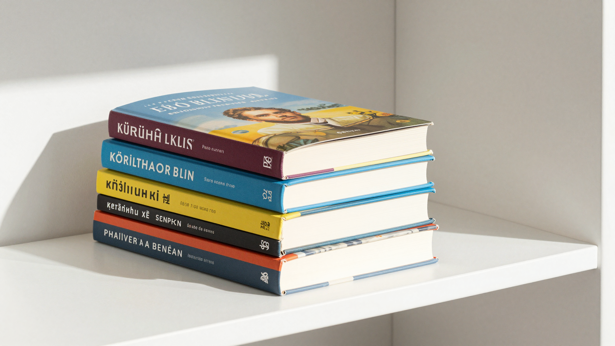 Minimalist beyaz bir rafta duran renkli kapaklı modern Türkçe romanlar