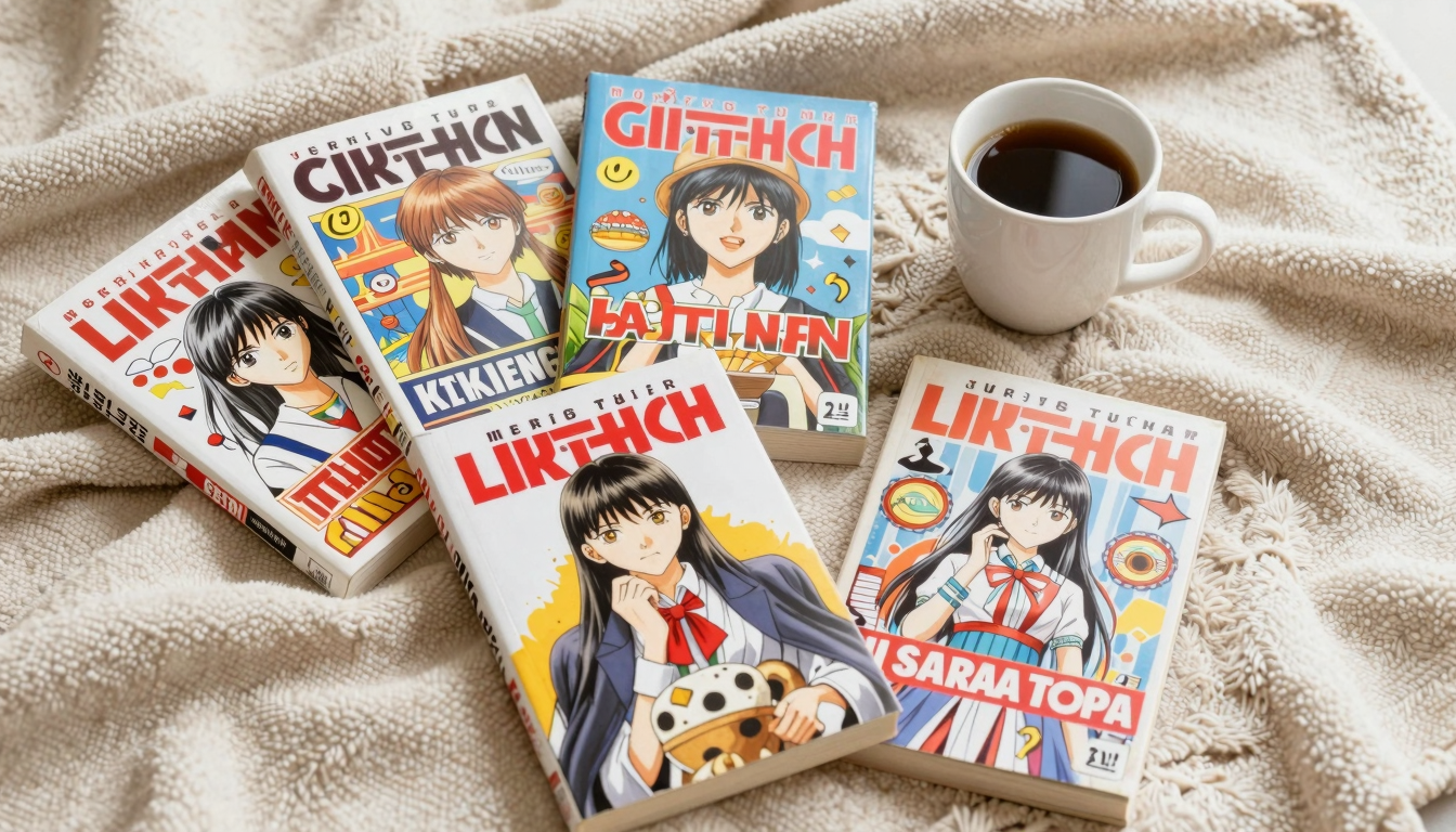 Türkçe çeviri manga ciltleri ve sıcak bir içeceğin bulunduğu rahatlatıcı bir okuma ortamının üstten görünüşü.