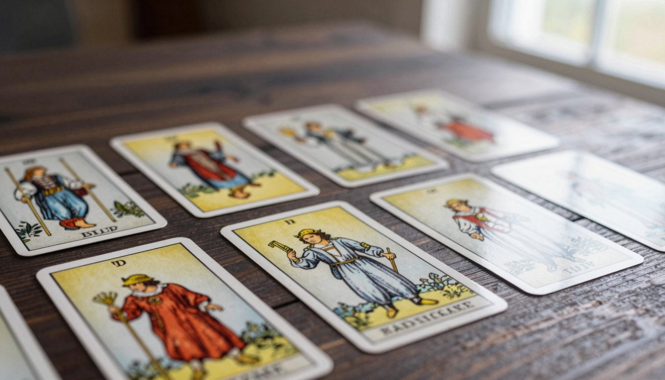 Ahşap bir masa üzerinde yayılmış, rengarenk Rider-Waite tarot kartları, yanında bir fincan çay ve kristal bir taşla.