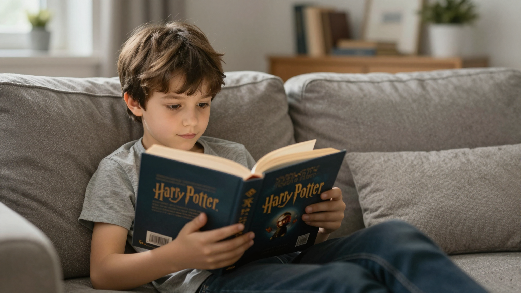 Bir çocuk Türkçe Harry Potter kitabı okuyor, elinde kitap, arka planda kitaplık