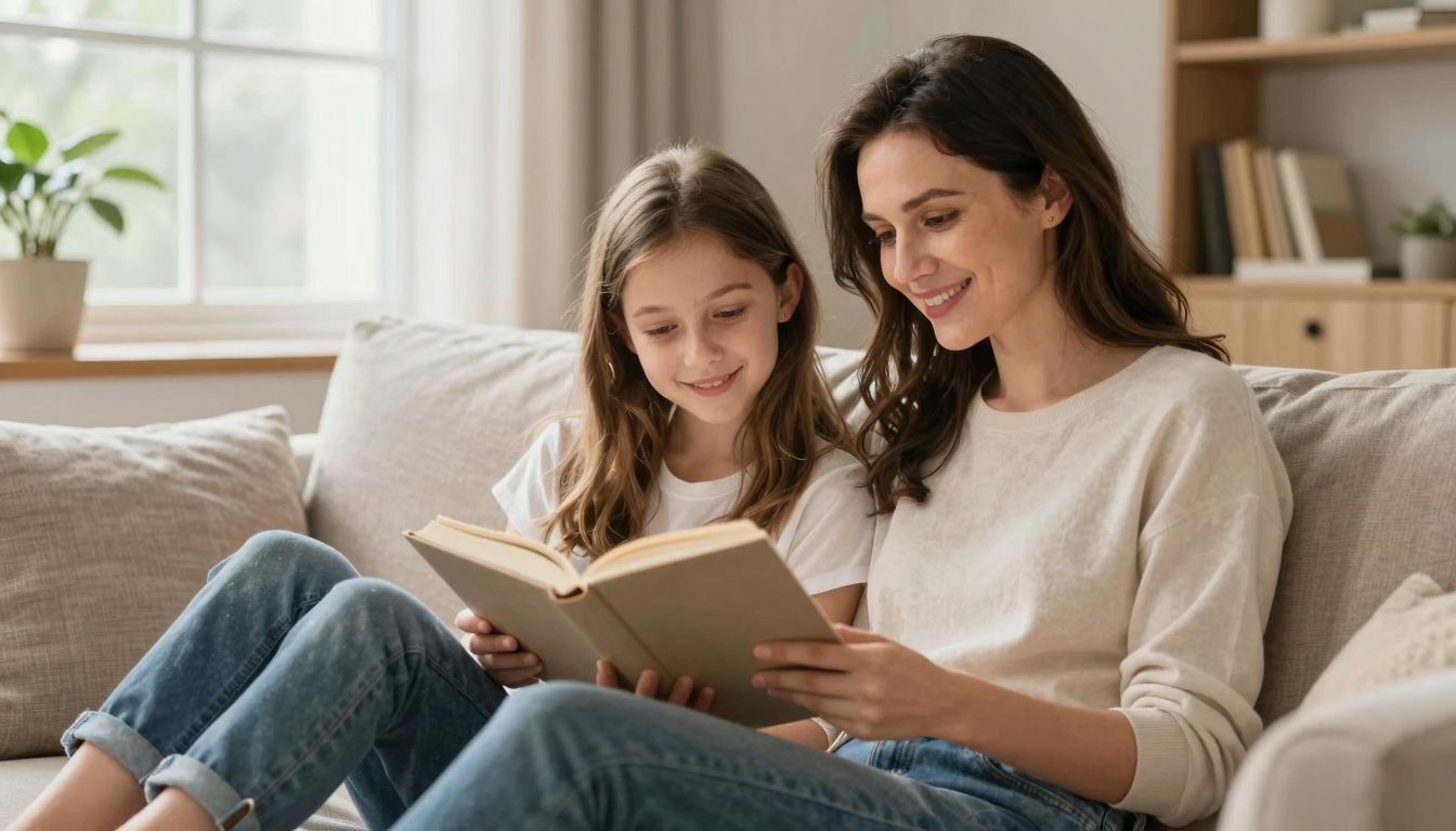 Anne ve genç kızının salonda karşılıklı kitap okuduğu huzurlu bir an