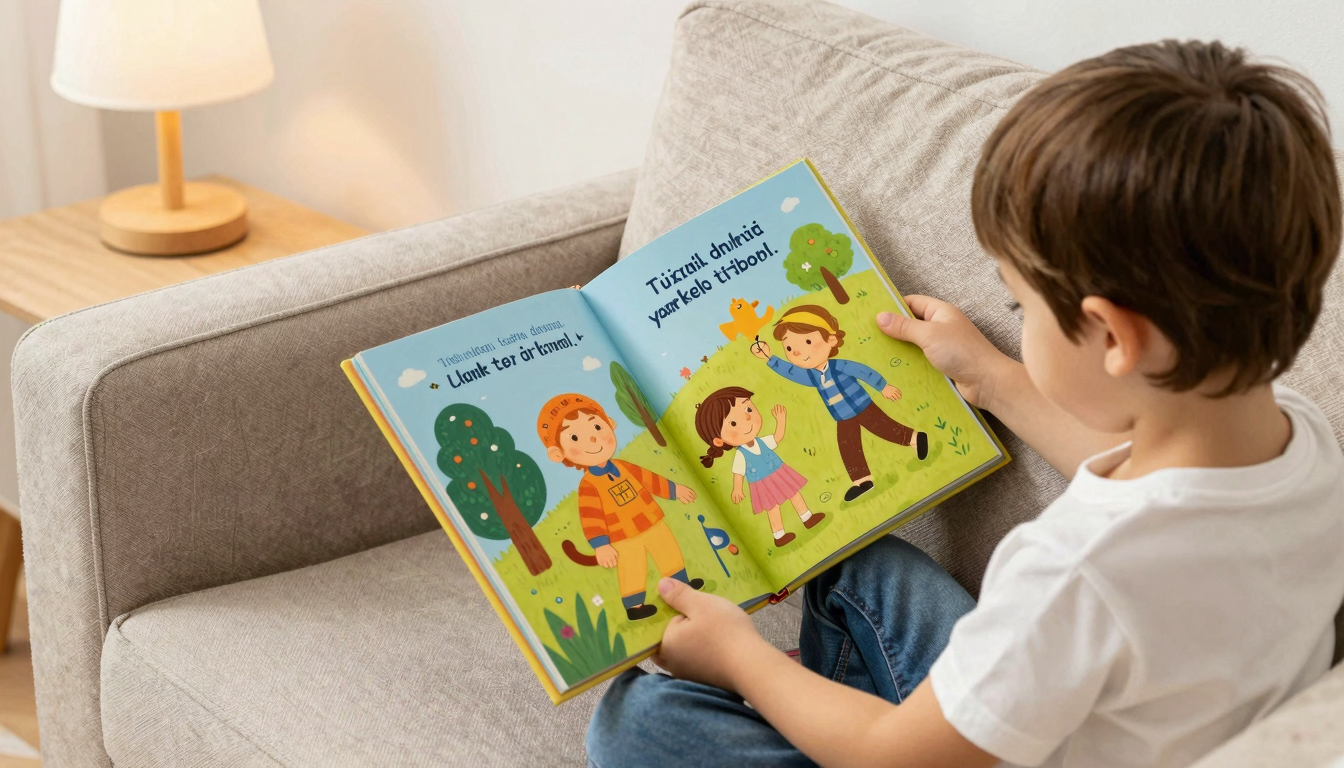 Yurt dışındakı bir evde çocuğuyla birlikte Türkçe kitap seçen ebevyn