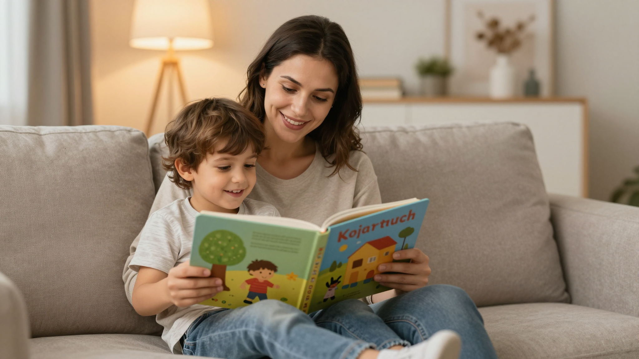 Anne ve çocuk kanepede kitap okuyor