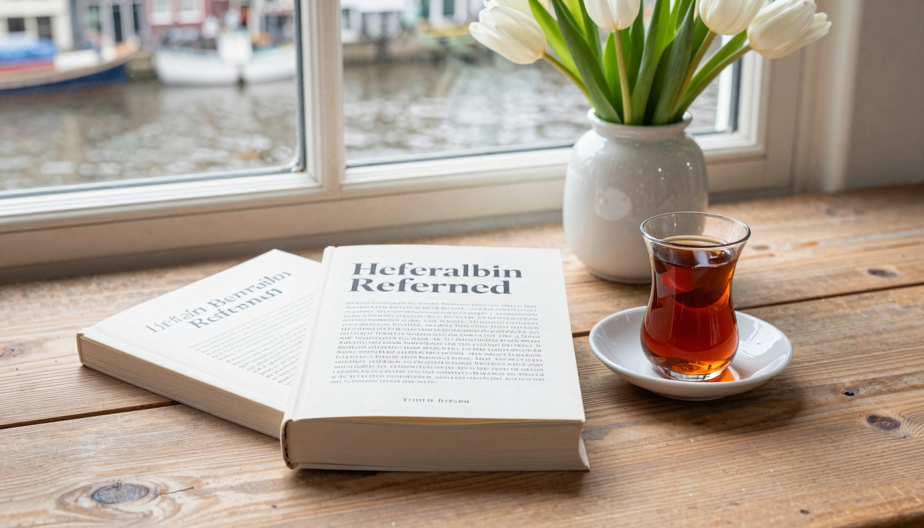 Flat lay of Turkish books with tea and tulips against Amsterdam canal view