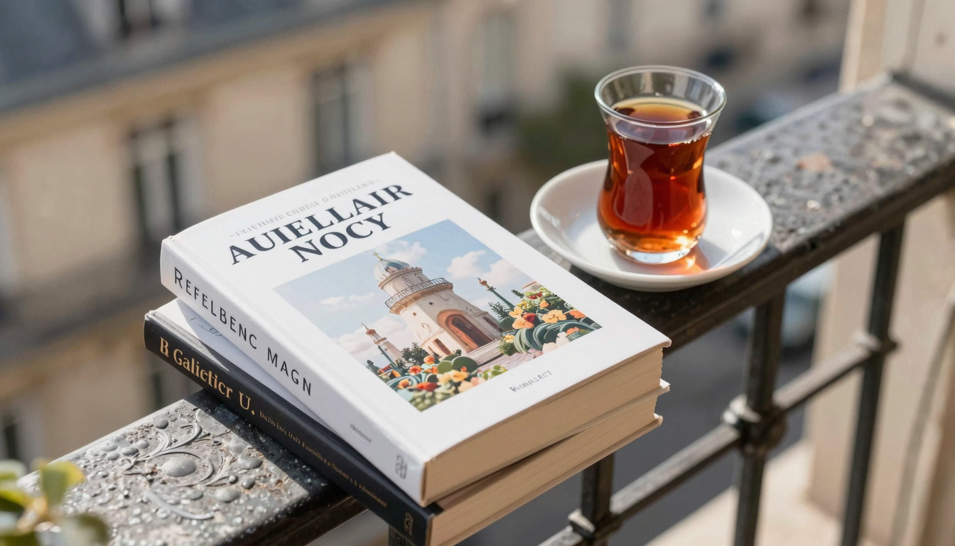 Fransa'da balkonda Türkçe kitaplar ve çay