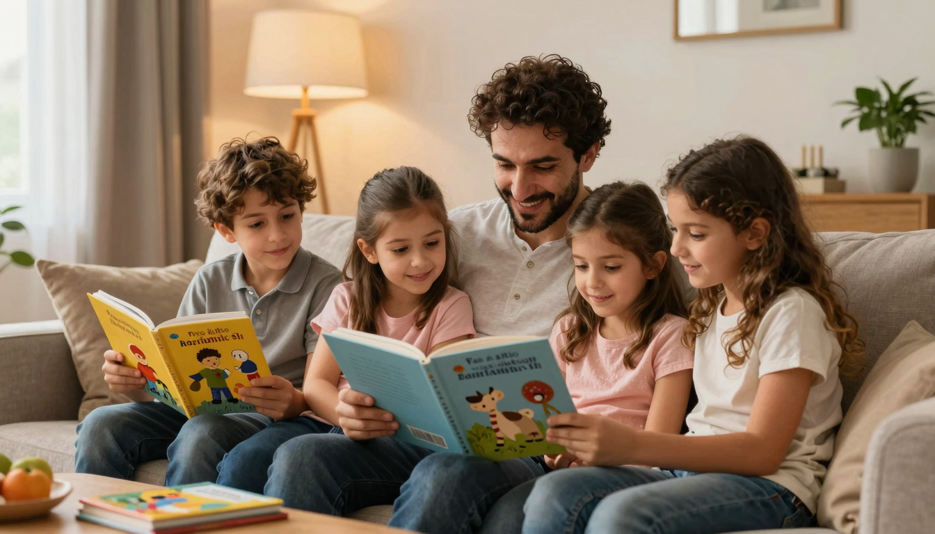 Yurt dışında yaşayan bir aile, oturma odasında birlikte Türkçe kitap okuyor