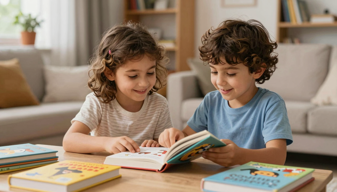 Bir ebeveyn ve çocuk yurt dışından gelen kitap kolisini açıyor