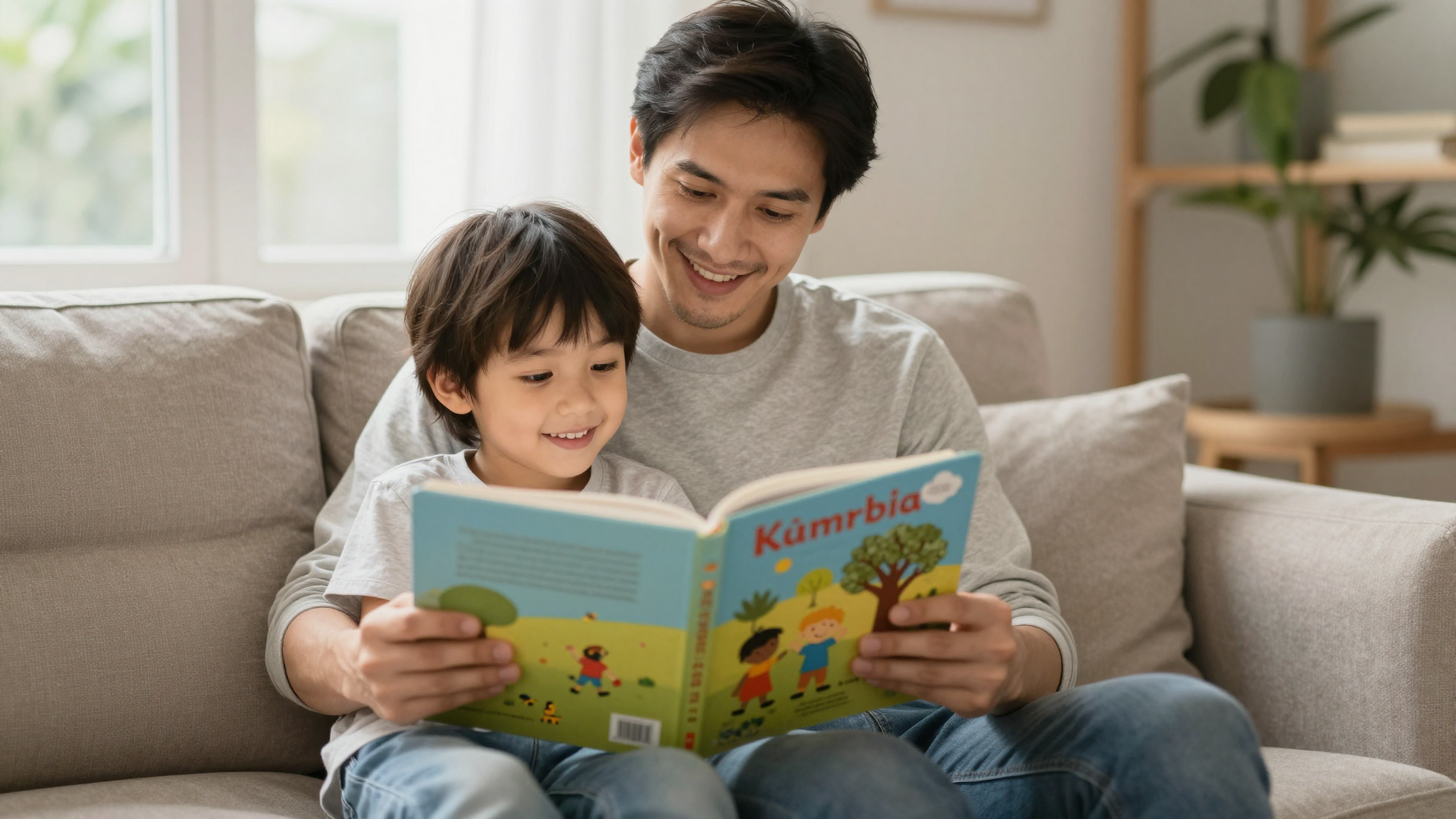 Bir ebeveyn ve çocuk yurtdışında evde Türkçe kitap okuyor