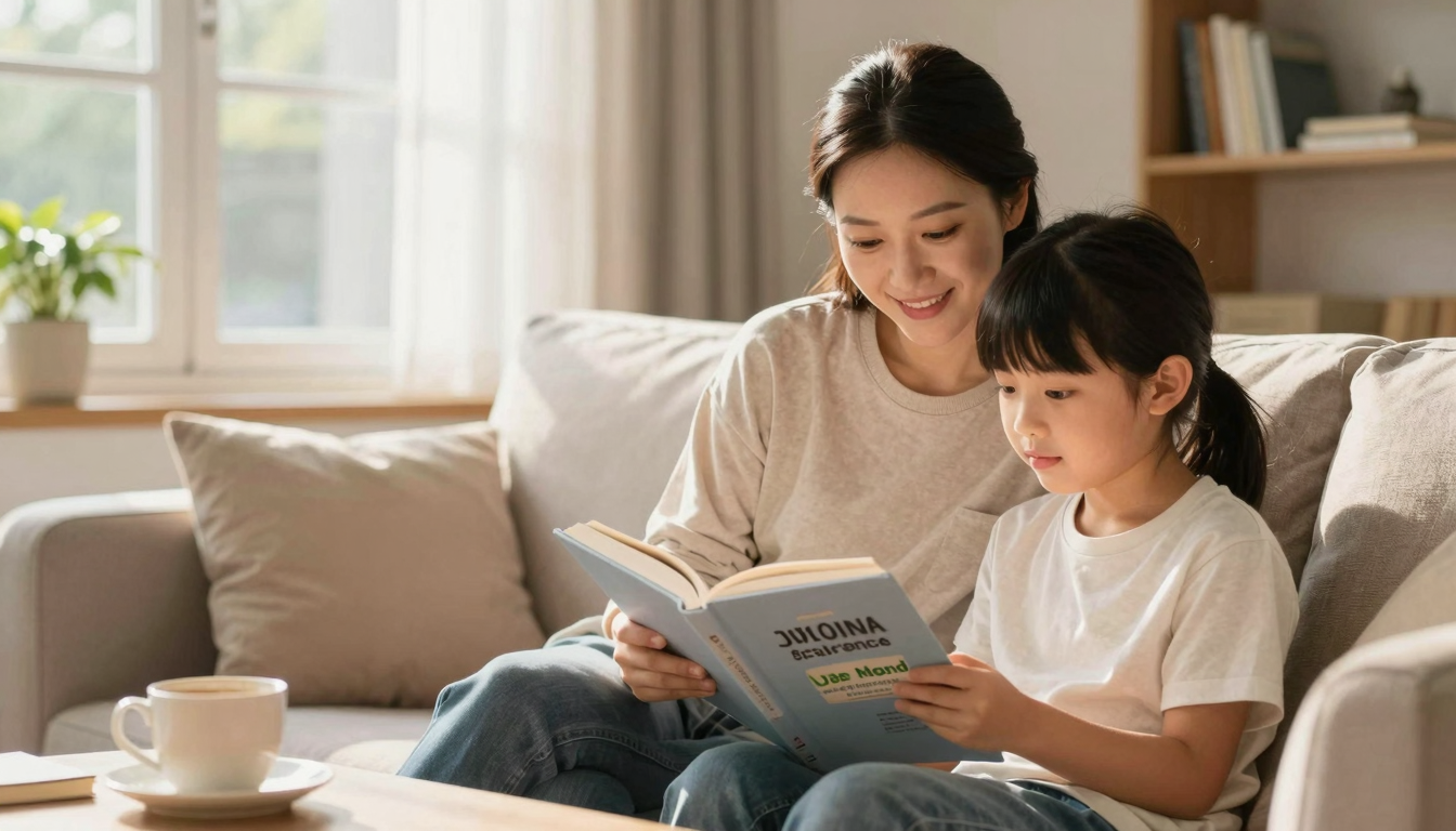 Ebeveyn ve çocuğun ev ortamında birlikte kitap okuduğu an