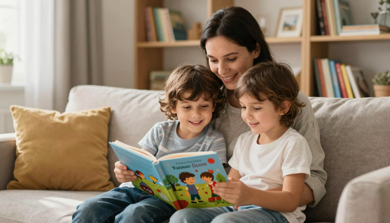 Parent and child reading a Turkish book together in a cozy living room