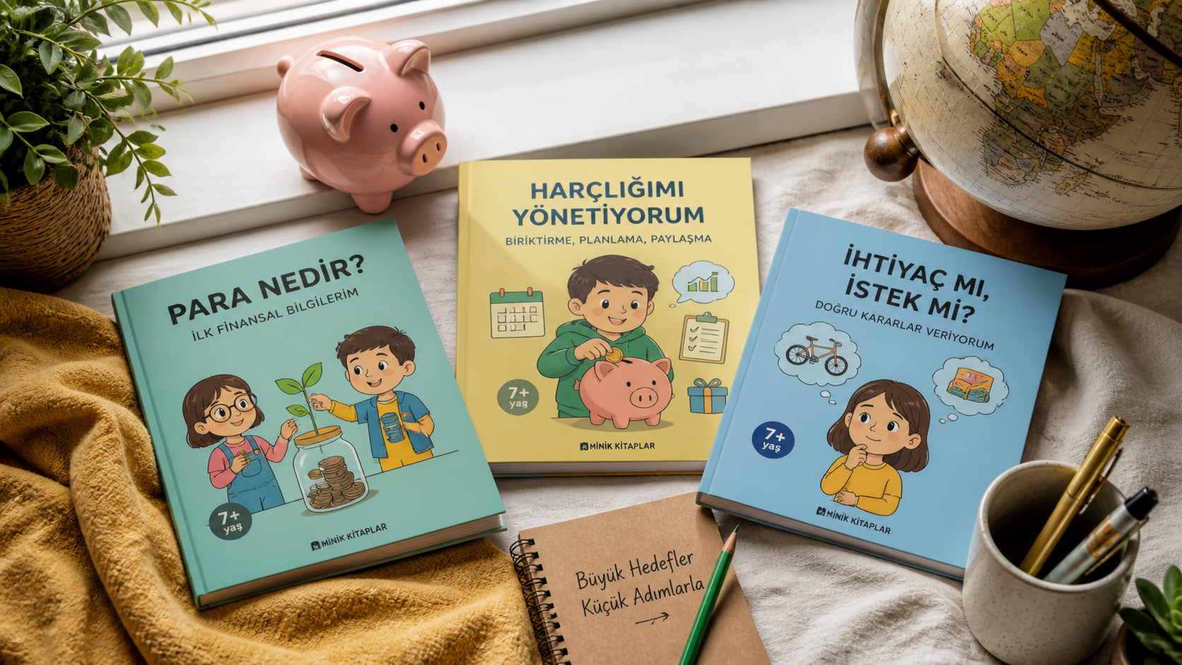Flat lay of Turkish children's financial literacy books with a piggy bank and globe