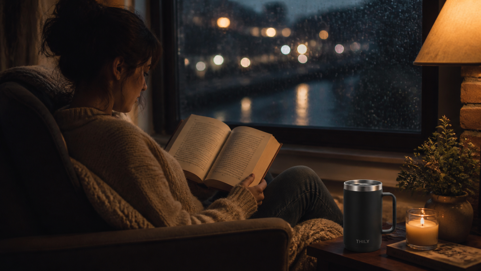 A person reading a thick novel by a rain-streaked window, cozy atmosphere