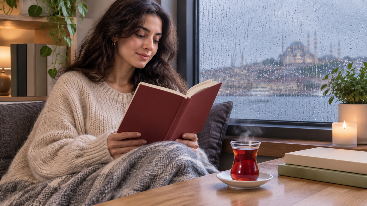 Yurt dışında yağmurlu bir günde pencere kenarında Türkçe kitap okuma keyfi ve çay